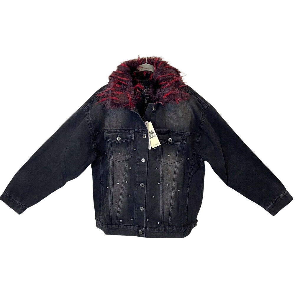 Love Tree Jean Jacket Denim Black Studded Removable Faux Fur Collar Size Large